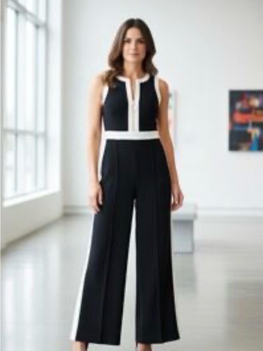 Sleeveless Black Jumpsuit with White Trim